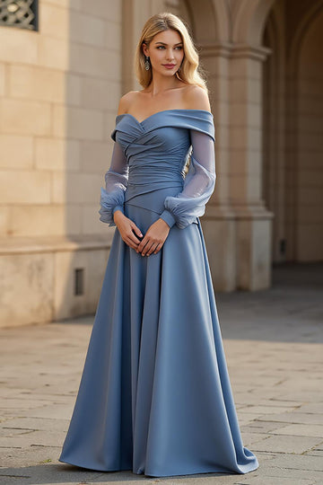 A Line Off the Shoulder Long Chiffon Dusty Blue Mother of the Bride Dress